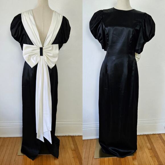 Vintage Bill Levkoff Big Bow Back Satin Gown‎ 11/13 Black White Cocktail Formal - Picture 1 of 13